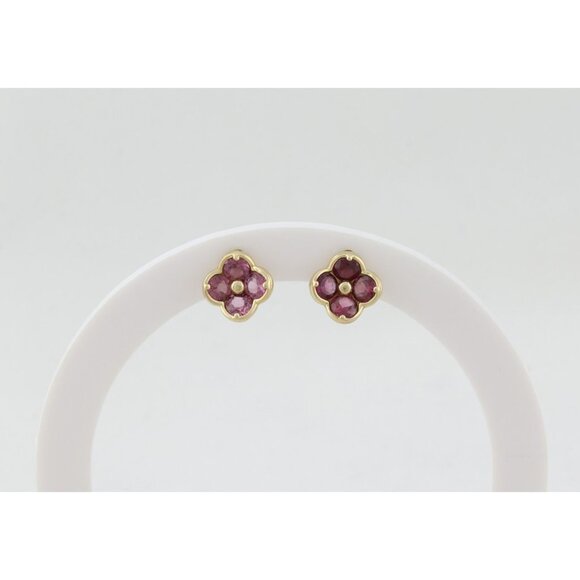 14k Yellow Gold Natural Rhodolite Garnet Flower Earrings Stud Post 3/8" inch - Picture 7 of 8